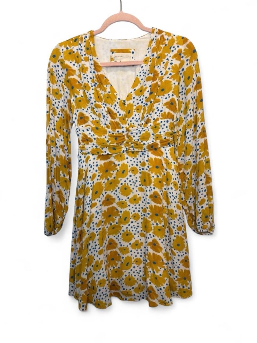 Vera for Anthropologie Buttercup Floral XS Mini Dress with Pockets Yellow Blue